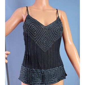 Rampage NWT 100% Silk Beaded Camisole Top Small Black Y2K Geometric Sequin Tank